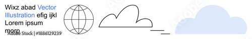 Cloud computing, global connection, data sharing, online storage, internet-based solutions, technology services. Globe, line-drawn clouds and blue cloud design. Cloud computing and global connection