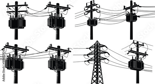 Electrical utility poles and transmission tower silhouette set, power distribution equipment vector illustration for energy infrastructure, electricity network design, 