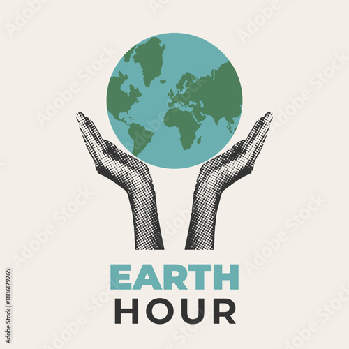 Earth Hour card with globe and hands. Environmental awareness and energy saving concept in halftone retro style. Vector illustration