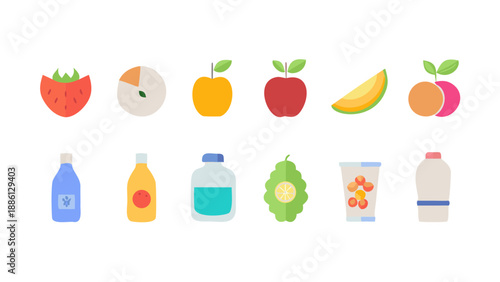 Healthy Food & Drink Icons Pack. Healthy food and drink minimal flat icons pack, 12 balanced vector symbols in Adobe Stock quality for commercial nutrition and lifestyle projects.