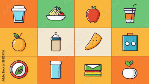 Healthy Food & Drink Icons Pack. Healthy food and drink minimal flat icons pack, 12 balanced vector symbols in Adobe Stock quality for commercial nutrition and lifestyle projects.