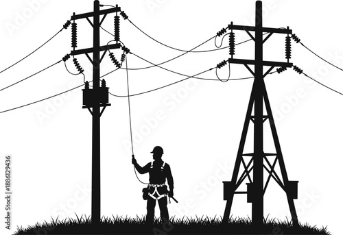 Electrician Worker Silhouette with Utility Poles and Transformer Vector Illustration, Electrical Maintenance and Power Grid Repair Service, Industrial Safety Equipment Graphic