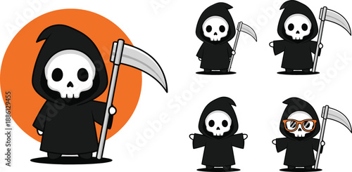 Cute cartoon grim reaper character set with scythe for Halloween spooky mascot sticker and gaming avatar design vector illustration