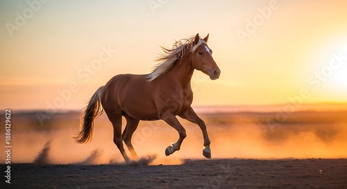 Energetic brown horse galloping at full speed through a dusty field, beautifully illuminated by the warm, golden light of a stunning sunset