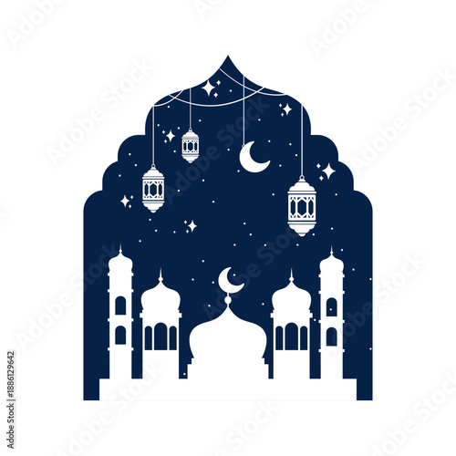 Islamic Mosque Silhouette with Hanging Lanterns for Ramadan Night Decoration