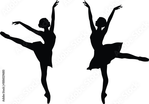 Elegant ballet dancer silhouettes, classical pose, pointe technique, graceful movement, black vector art, artistic performance, dance illustration, expressive choreography, stage elegance