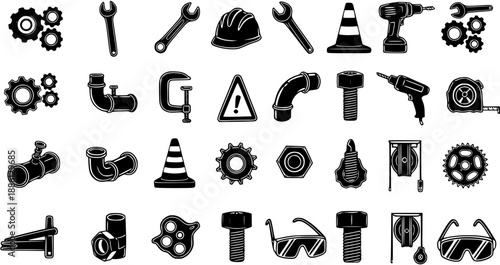 Construction Tools Glyph Icons Set. Black and White Engineering and Mechanic Equipment, Industrial Spanners, Drills, Pipes, and Safety Elements Collection.