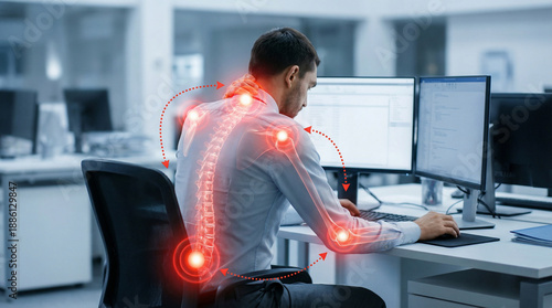 Office Worker Experiencing Back, Neck, and Joint Pain While Using a Computer at a Desk, Showing the Impact of Long Hours