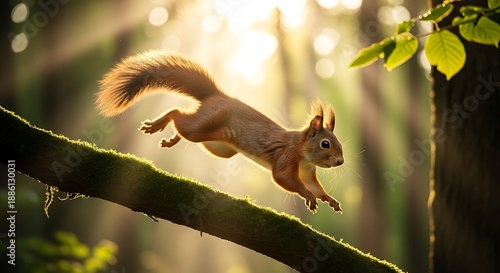 A dynamic motion shot captures a red squirrel mid-leap across a moss-covered branch, bathed in the warm glow of golden hour sunlight filtering through the forest canopy