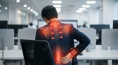 Office Worker with Back Pain, Strain, and Risk, Visualizing Health Issues from Poor Posture at a Desk in a Modern Workplace