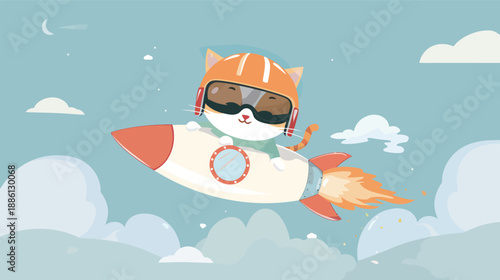 Cat wearing retro helmet riding a rocket cartoon vector illustration print-ready isolated on white background