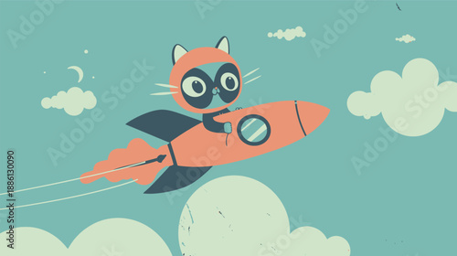 Cat wearing retro helmet riding a rocket cartoon vector illustration print-ready isolated on white background