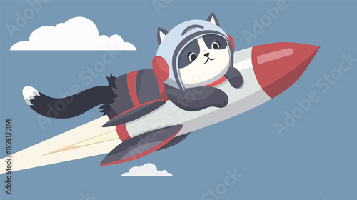 Cat wearing retro helmet riding a rocket cartoon vector illustration print-ready isolated on white background