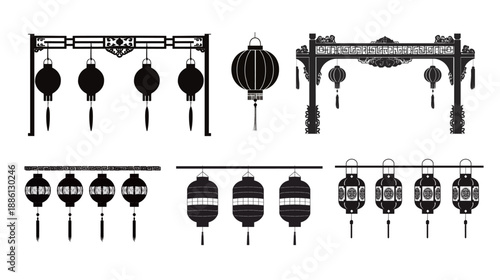 Chinese black lantern decorative border traditional oriental design