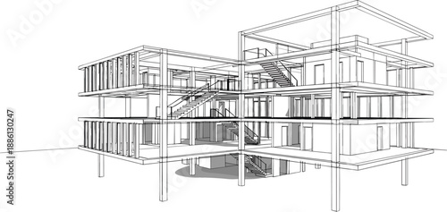 Modern architectural building wireframe 3D model construction blueprint sketch technical drawing of a multi level office or house structure