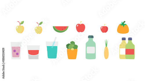 Fresh Produce Flat Icons. Minimal flat icon set of 12 fresh produce and healthy beverage vectors, clean modern style for diet apps, wellness branding, and UI design.