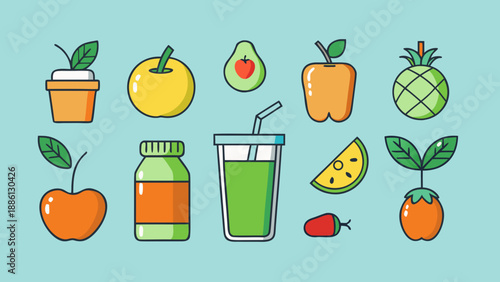 Fresh Produce Flat Icons. Minimal flat icon set of 10 fresh produce and healthy beverage vectors, clean modern style for diet apps, wellness branding, and UI design.