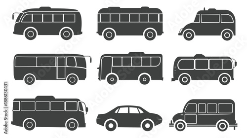 Collection of bus icons, clean vector line and solid black shapes illustration