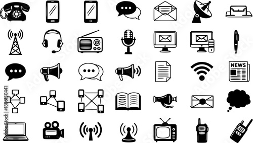 Communication Technology Media Icons Set. Black and White Glyph  Outline Symbols for Digital Devices, Networks, Broadcasting  Connectivity.
