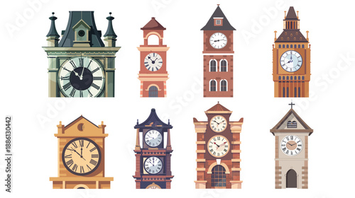 Clock tower with big clock face, flat vector realistic landmark illustration