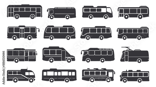 Collection of bus icons, clean vector line and solid black shapes illustration