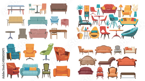 Collection of different stylish furniture, modern interior vector illustration