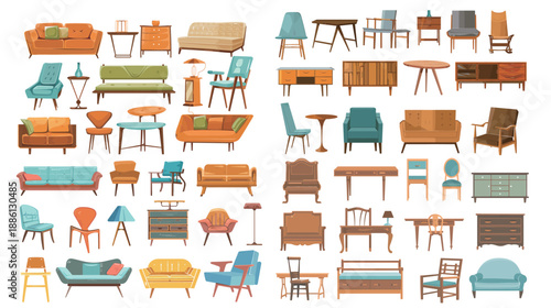 Collection of different stylish furniture, modern interior vector illustration