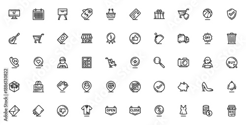Shopping icon set. Vector icons pack for e-commerce and online shopping. Includes symbols for cart, payment, delivery, discount, price tag, wallet and more. Editable stroke.