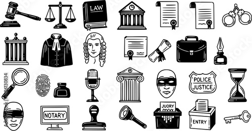 Legal Justice Icons Collection: Black Line Art Symbols for Law, Courtroom, and Crime  Hand-Drawn Gavel, Scales, Documents, and Investigation Elements