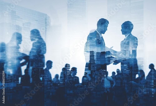 a double exposure of business people in an office with skyscrapers the background is a blue gradient, and the foreground features silhouettes of several professional figures Generative AI