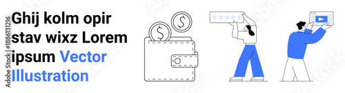 Wallet with coins, person texting, and individual holding screen. Ideal for finance, communication, technology, online payments, e-commerce, customer interaction simple landing page