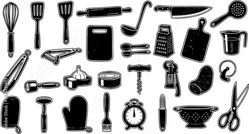 Black and White Kitchen Utensils Set. Monochrome Glyph Icons of Cooking and Food Preparation Tools and Culinary Equipment Collection