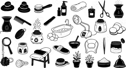Black and White Line Art Spa and Beauty Icons: Massage Stones, Brush, Towel, Tub, Lamp, Chair, Plants