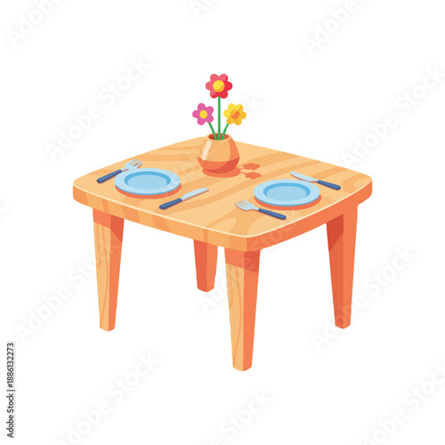 Dining Table Setting with Plates Cutlery and Flower Vase Isometric Vector