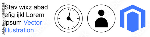 Time management, user identity, architecture, scheduling, personal data, business security. Minimalistic black and blue clock, person profile and geometric shield icons. Time management and user