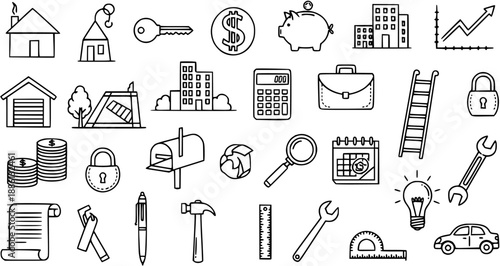 Black and White Line Art Icons: Finance, Real Estate, and Business Objects