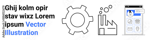 Large gear, factory icon with bubbles, and digital profile interface suggest industry, automation, innovation, and user management. Ideal for business, technology, industrial design manufacturing