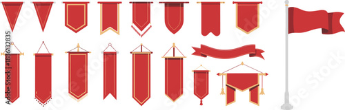 Fotografie Collection of red medieval hanging banners flags and ribbons for festival decora