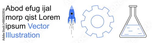 Innovation, technology, science, engineering, startup, research. A rocket taking off, a gear and a laboratory flask. Innovation and technology concepts highlighting progress and creativity