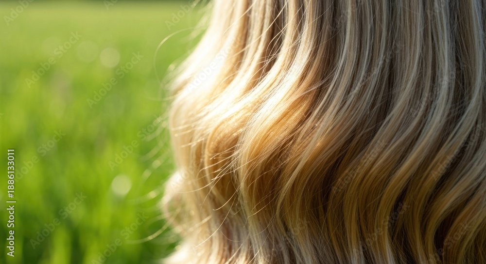 Naklejka premium Close-up of long, wavy, sun-kissed blonde hair against a blurry green field backdrop