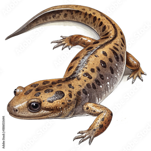 Detailed illustration of a wetland salamander with distinctive spotted skin, highlighting its natural moist habitat and unique features.