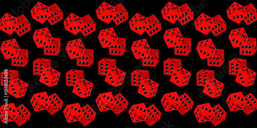 A repeating pattern of bright red dice scattered across a black background in a bold, playful design