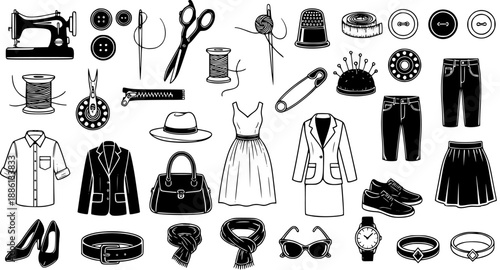Black and White Line Art Fashion and Sewing Icons Set: Tailoring Tools, Apparel, Clothing Items, and Stylish Accessories for Design and Craft Projects
