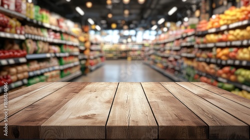 Grocery store aisle, empty wooden table, blurred background, product display, mock-up