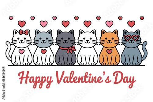 Five cats celebrating valentine's day Vector, illustration