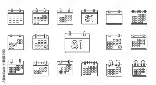 Collection of monochrome calendar icons in various layouts for design projects.