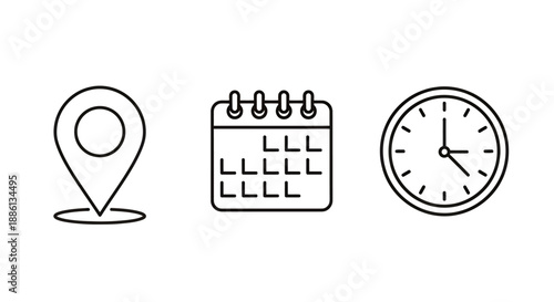 Icons for planning and scheduling: location pin, calendar, and clock representing time management and events.