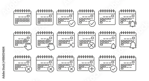 Set of 25 calendar icons with different month layouts and date markers.