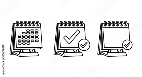 Set of three black and white calendar icons with check marks indicating scheduled dates.