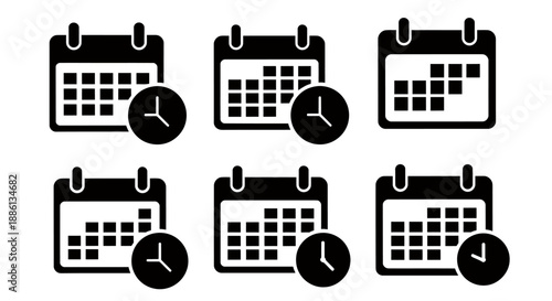 Set of six black calendar icons with clock symbols indicating scheduled times.